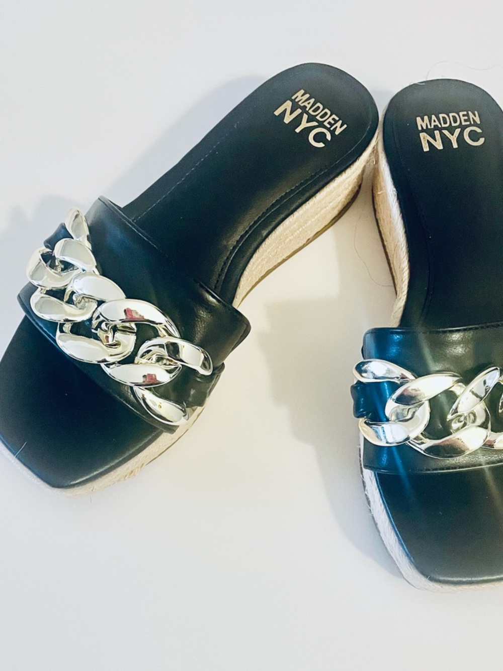 Madden NYC Black Slide Mules with Silver Chain Accent